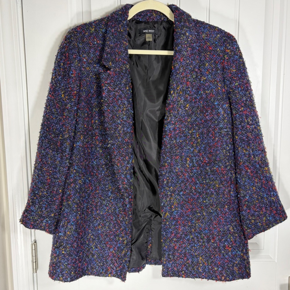 Nine West Womens Large Purple Multicolor Boucle Tweed Open Front Blazer Jacket